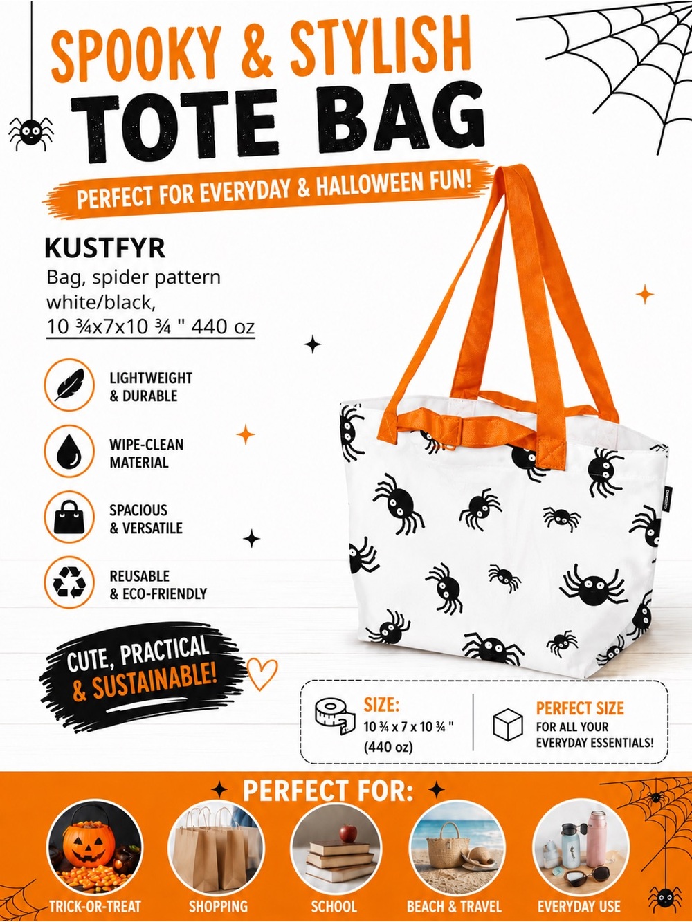 IKEA KUSTFYR Spider Pattern Halloween Tote Bag Set of 2 - Picture 4 of 6